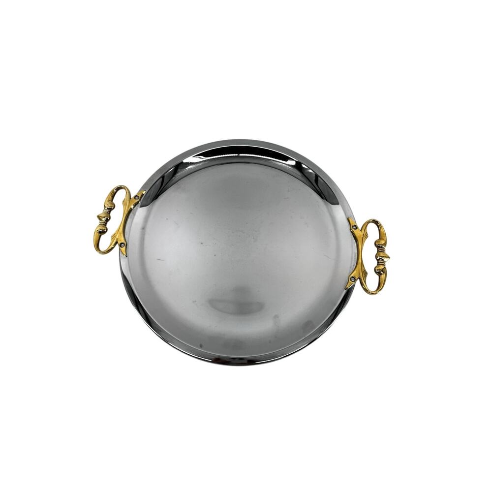 Kromex Platter Round 13in Chrome and Shiny Brass Handles Vintage MCM